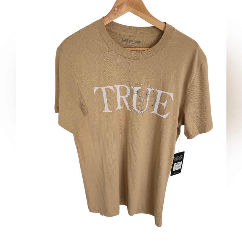 NWT True Religion Men Crystal Face Buddha Short Sleeve Tshirt Beige Size Medium